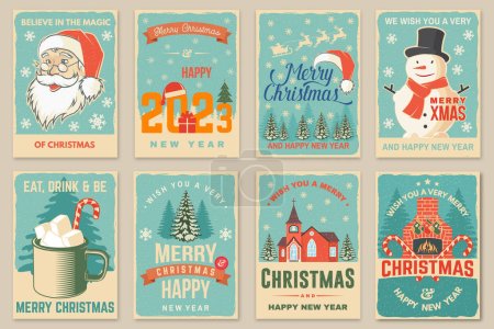 Illustration for Set of Merry Christmas and Happy New Year poster, flyer, greeting cards. Set quotes with snowflakes, Santa Claus face and Catholic Church . Vector. Design for xmas, new year emblem - Royalty Free Image