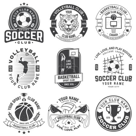 Vintage monochrome label, sticker, patch with basketball, volleyball, soccer players silhouettes. Vector illustration