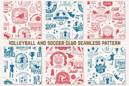 Illustration for Volleyball and soccer, football club seamless pattern. Vector. For football club background with volleyball, soccer, football player, goalkeeper and gate silhouettes. Concept for soccer sport pattern - Royalty Free Image