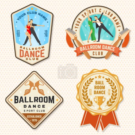 Illustration for Ballroom dance sport club badge, logo, patch. Concept for shirt or logo, print, stamp or tee. Dance sport sticker with trophy cup, shoes for ballroom dancing silhouette. Vector illustration - Royalty Free Image