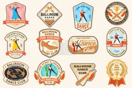 Illustration for Ballroom dance sport club badge, logo, patch. Concept for shirt or logo, print, stamp or tee. Dance sport sticker with shoe brush, man and woman, shoes for ballroom dancing silhouette. Vector - Royalty Free Image