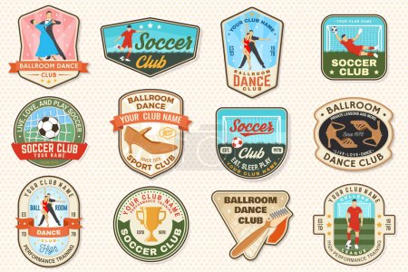 Illustration for Ballroom dance and soccer club sport club badge, logo, patch. Concept for shirt or logo, print, stamp or tee. Vector illustration. Patch with shoe brush, dancing man and woman, goalkeeper, gate and - Royalty Free Image