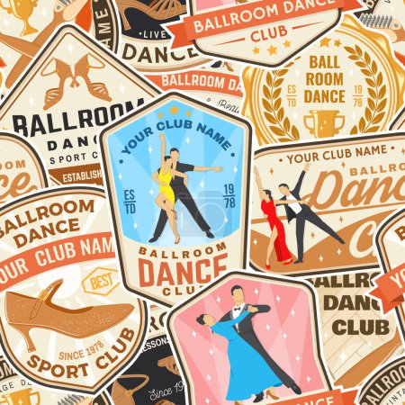 Illustration for Ballroom dance sport club seamless pattern. Concept for shirt or logo, print, stamp or tee. Dance sport sticker with shoe brush, man and woman, shoes for ballroom dancing silhouette. Vector - Royalty Free Image