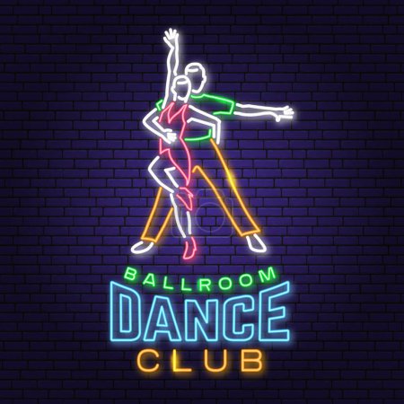 Illustration for Ballroom dance sport club Bright Neon Sign. Dance sport neon emblem with man and woman silhouette. Vector. Rumba, salsa, samba couples dancing ballroom style - Royalty Free Image