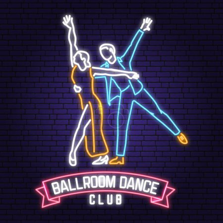 Illustration for Ballroom dance sport club Bright Neon Sign. Dance sport neon emblem with man and woman silhouette. Vector. Rumba, salsa, samba couples dancing ballroom style - Royalty Free Image