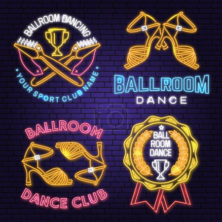 Illustration for Set of Ballroom dance sport club Bright Neon Sign. Dance sport neon emblem with trophy cup, man and woman silhouette. Vector. Rumba, salsa, samba couples dancing ballroom style - Royalty Free Image