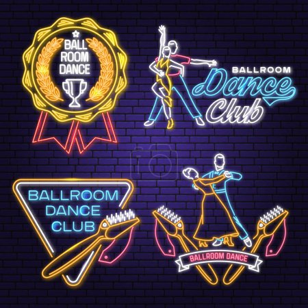 Illustration for Set of Ballroom dance sport club Bright Neon Sign. Dance sport neon emblem with trophy cup, shoe brush, man and woman silhouette. Vector. Rumba, salsa, samba couples dancing ballroom style - Royalty Free Image