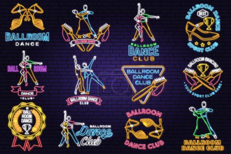 Illustration for Set of Ballroom dance sport club Bright Neon Sign. Dance sport neon emblem with shoe brush, man and woman silhouette. Vector. Rumba, salsa, samba couples dancing ballroom style - Royalty Free Image