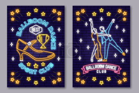 Illustration for Set of Ballroom dance sport club Bright Neon Sign. Dance sport neon flyer, brochure, banner, poster with shoe man and woman silhouette. Vector. Rumba, salsa, samba couples dancing ballroom style - Royalty Free Image