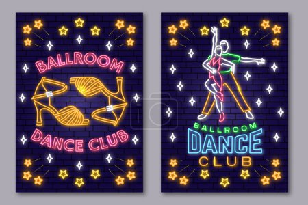 Illustration for Set of Ballroom dance sport club Bright Neon Sign. Dance sport neon flyer, brochure, banner, poster with shoe, man and woman silhouette. Vector. Rumba, salsa, samba couples dancing ballroom style - Royalty Free Image