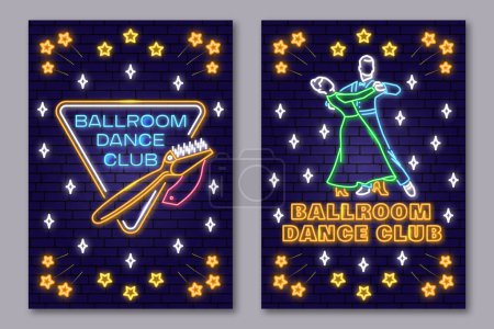 Illustration for Set of Ballroom dance sport club Bright Neon Sign. Dance sport neon flyer, brochure, banner, poster with shoe brush, man and woman silhouette. Vector. Rumba, salsa, samba couples dancing ballroom - Royalty Free Image