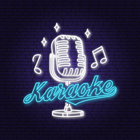 Illustration for Karaoke neon poster, banner. Neon sign, emblem, bright signboard, light banner with retro microphone. Vector illustration. Advertising bright night karaoke for night club. Design template. - Royalty Free Image