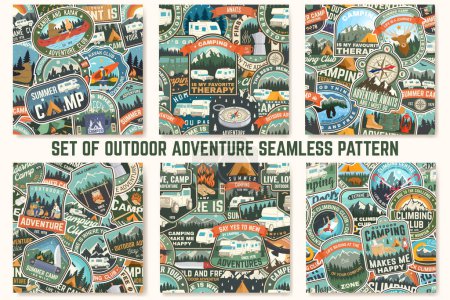 Téléchargez les illustrations : Set of summer camp colorful seamless pattern with travel inspirational quotes. Vector. Background, wallpaper, seamless pattern with camper, camping climber, tent, mountain and forest silhouette - en licence libre de droit