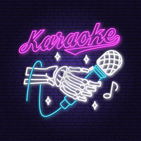Karaoke neon poster, banner. Neon sign, emblem, bright signboard, light banner with skeleton hand and microphone. Vector illustration. Advertising bright neon karaoke for night club. Design template.