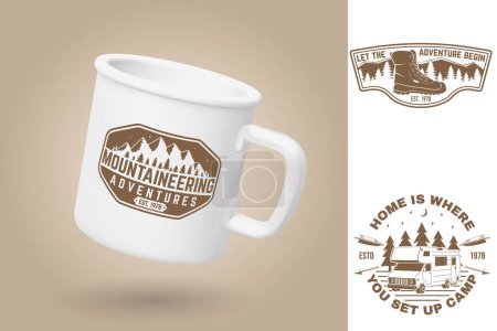 White camping cup. Realistic mug mockup template with sample design. Vector 3d illustration. Mountaineering adventures. Summer camp. Quotes about camping with mountains, camper rv, hiker boots and forest silhouette.