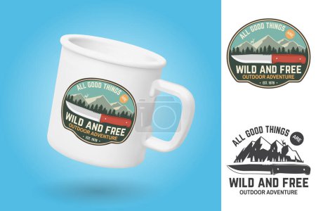 White camping cup. Realistic mug mockup template with sample design. All good things are wild and free. Summer camp badge. Vector. Design with knife, mountains, deer and forest silhouette.