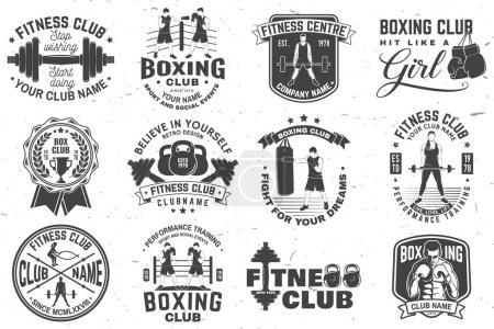 Ensemble de badge club de boxe et de fitness, logo design. Illustration vectorielle. Pour club de sport emblème, signe, patch, chemise, modèle. Fille avec haltère, boxeur, gants, corde à sauter de boxe et chaussures Silhouette