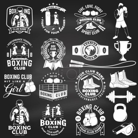 Conjunto de insignia del club de boxeo, diseño del logo en pizarra. Ilustración vectorial. Para el emblema del club deportivo de boxeo, signo, parche, camisa, plantilla. Etiqueta monocromática vintage, pegatina con Boxer, guantes, salto de boxeo