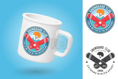 Illustration for White camping cup. Realistic mug mockup template with sample design. Snowboard Club. Vector. Design with snowboard and helmet silhouette. Extreme winter sport. - Royalty Free Image