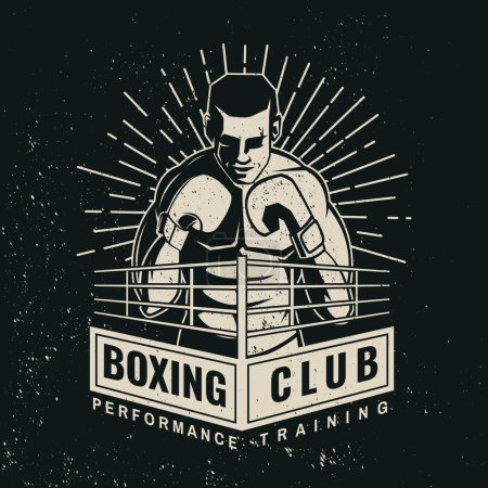Conjunto de insignia del club de boxeo, diseño del logotipo. Ilustración vectorial. Para el emblema del club deportivo de boxeo, signo, parche, camisa, plantilla. Cartel retro, pancarta con boxeador y silueta de anillo de boxeo