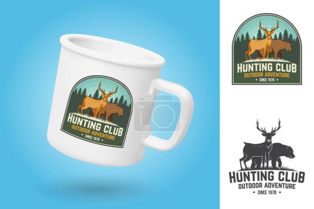 White camping cup. Realistic mug mockup template with sample design. Hunting club badge, patch. Vector illustration. Vintage typography design with deer, bear and forest silhouette. Outdoor adventure