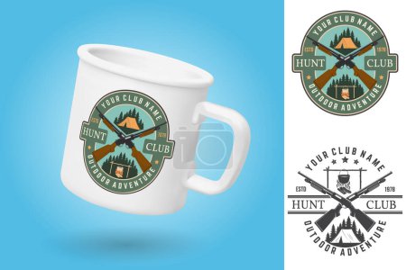 White camping cup. Realistic mug mockup template with sample design. Hunting club badge, patch. Vector. Vintage typography design with hunting gun, pot on the fire, camping tent and forest silhouette.