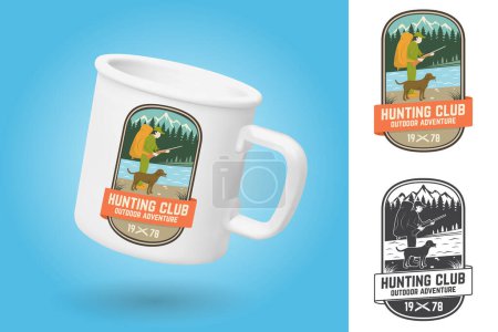 White camping cup. Realistic mug mockup template with sample design. Set of Hunting club badge. Vector. Vintage typography design with hunter, dog, hunting gun, mountains and forest. Outdoor adventure