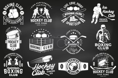 Illustration for Set of Boxing club and Ice Hockey club badge, logo design on chalkboard. Vector. Sticker, patch with hockey player, sticker, puck , helmet, skates, Boxer, gloves, boxing jump rope and shoes Silhouette - Royalty Free Image