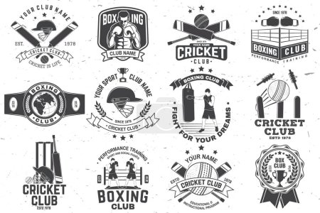 Téléchargez les illustrations : Ensemble d'insignes de club de boxe et de cricket. Illustration vectorielle. Concept pour chemise, imprimé, timbre ou tee-shirt, modèles pour club de boxe et de cricket. - en licence libre de droit