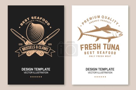 Illustration for Set of fresh seafood retro poster, banner with tuna, mussels and clams. Vector illustration. For seafood emblem, sign, patch, shirt, menu restaurants, fish markets, stores with tuna, mussels and clams - Royalty Free Image