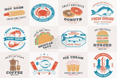 Ilustración de Set de mariscos y comida rápida insignia retro. Vector. Para emblema de mariscos, signo, parche, camisa, menú de restaurantes con atún, trucha, camarones, pulpo mejillones y almejas de cangrejo, hot dog, hamburguesa, pizza. - Imagen libre de derechos