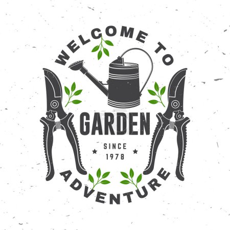 Illustration for Welcome to garden adventure emblem, label, badge, logo. Vector illustration. For sign, patch, shirt design with hand secateurs, garden pruner, watering can gardening equipment silhouette - Royalty Free Image