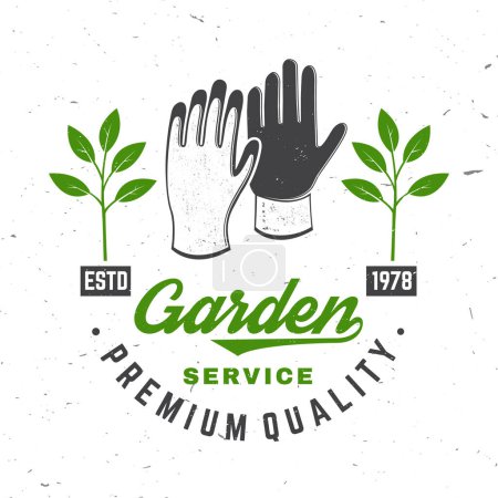 Illustration for Garden services emblem, label, badge, logo. Vector illustration. For sign, patch, shirt design with farming hand protection, garden gloves safety, seedlings, gardening equipment silhouette - Royalty Free Image