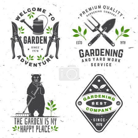 Illustration for Set of gardening and yard work services emblem, label, badge, logo. Vector illustration. For sign, patch, shirt design with hand secateurs, garden pruner, watering can, bear with rake, gardening - Royalty Free Image