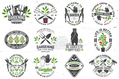 Illustration for Set of gardening and yard work services emblem, label, badge, logo. Vector illustration. For sign, patch, shirt design with hand secateurs, garden pruner, watering can, bear with rake and gardening - Royalty Free Image
