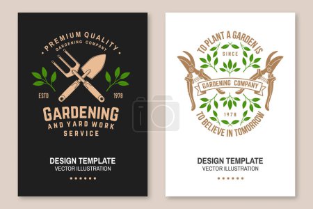 Illustration for Set of gardening and yard work services poster, banner. Vector illustration. Poster design with hand secateurs, garden pruner and gardening equipment silhouette - Royalty Free Image