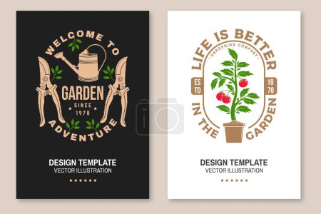 Illustration for Set of gardening and yard work services poster, banner. Vector illustration. Poster design with hand secateurs, garden pruner, watering can, potted tomato seedlings and gardening equipment silhouette - Royalty Free Image