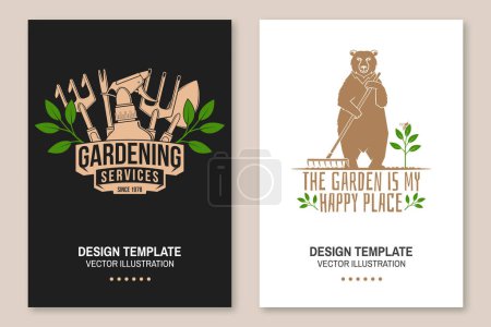 Illustration for Set of gardening and yard work services poster, banner. Vector illustration. Poster design with bear with rake and gardening equipment silhouette - Royalty Free Image