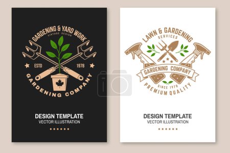 Illustration for Set of gardening and yard work services poster, banner. Vector illustration. Poster design with hand garden trowel, farming fork, sprayer, flower in pot, gardening equipment silhouette - Royalty Free Image
