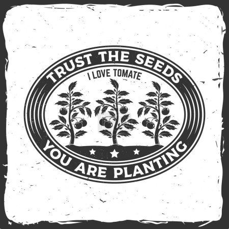 Illustration for Trust the seeds you are planting garden emblem, label, badge, logo. Vector illustration. For sign, patch, shirt design with tomato bush, potted tomato seedlings silhouette - Royalty Free Image