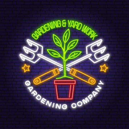 Illustration for Gardening and yard work services neon emblem, label, badge, logo. Vector illustration. Colorful neon light design with hand garden rake, gardening equipment silhouette - Royalty Free Image