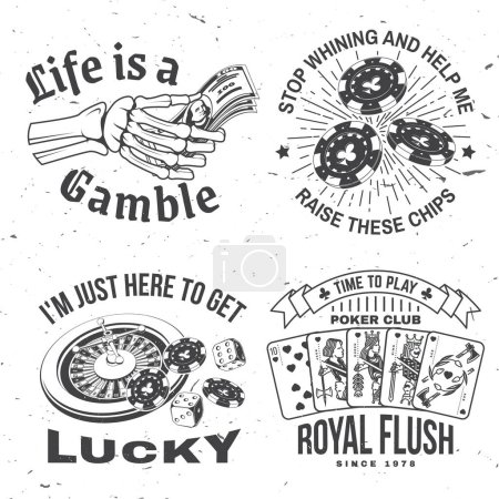 Gambling Vintage Print, Logo, Badge Design mit Glücksrad, zwei Würfeln, Casino-Chips und Skelett Hand hält Dollar-Silhouette. Vektor. Vorlage für die Glücksspielindustrie