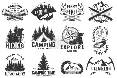Set de pegatina de aventura al aire libre. Vector. Diseño tipográfico vintage con pino del bosque, excursionista, escalador, fósforos palo, linterna de camping, cuchillos de camping y silueta de montaña.