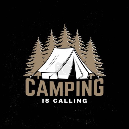 Illustration for Camping is calling. Outdoor adventure sticker. Vector illustration. Concept for shirt or logo, print, stamp, patch or tee. Vintage typography design with forest pine tree and camping tent silhouette. - Royalty Free Image