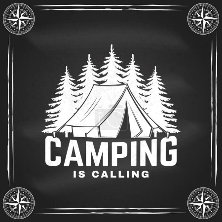 Illustration for Camping is calling. Outdoor adventure sticker on chalkboard. Vector. Concept for shirt or logo, print, stamp, patch or tee. Vintage typography design with forest pine tree and camping tent silhouette. - Royalty Free Image
