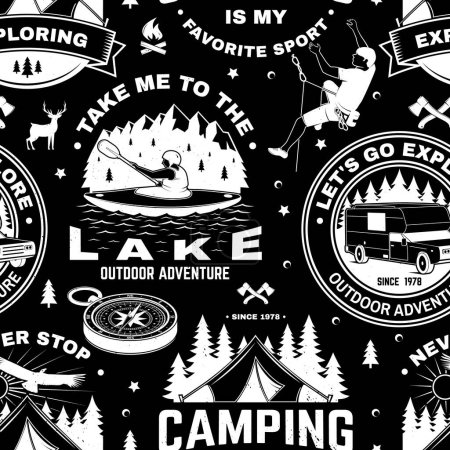 Téléchargez les illustrations : Outdoor adventure seamless pattern, background. Vector illustration. Vintage typography design with compass, man in canoe, climber, camping caravan car, tent, mountain, axe and forest silhouette - en licence libre de droit