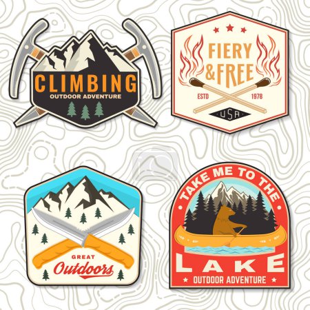 Illustration for Set of camping patch, sticker. Outdoor adventure vector badge design. Vintage typography design with knives, bear in canoe, matches stick, burning lighter, climbing ice-axe match and forest. - Royalty Free Image