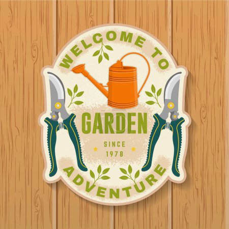 Illustration for Welcome to garden adventure emblem, label, patch, sticker. Vector illustration. For sign, patch, shirt design with hand secateurs, garden pruner, watering can gardening equipment silhouette - Royalty Free Image