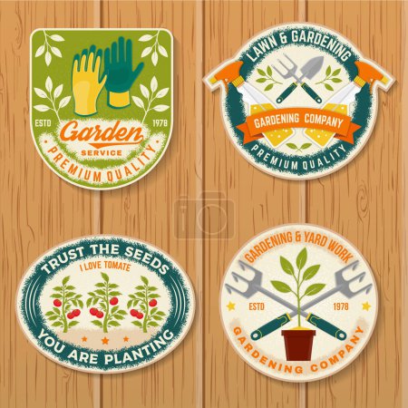 Illustration for Set of gardening and yard work services emblem, label, patch, sticker.. Vector illustration. For sign, patch, shirt design with hand secateurs, garden pruner, watering can, gardening equipment - Royalty Free Image