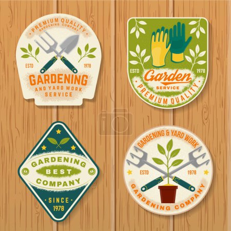 Illustration for Set of gardening and yard work services emblem, label, patch, sticker.. Vector illustration. For sign, patch, shirt design with hand secateurs, garden pruner, watering can, gardening equipment - Royalty Free Image